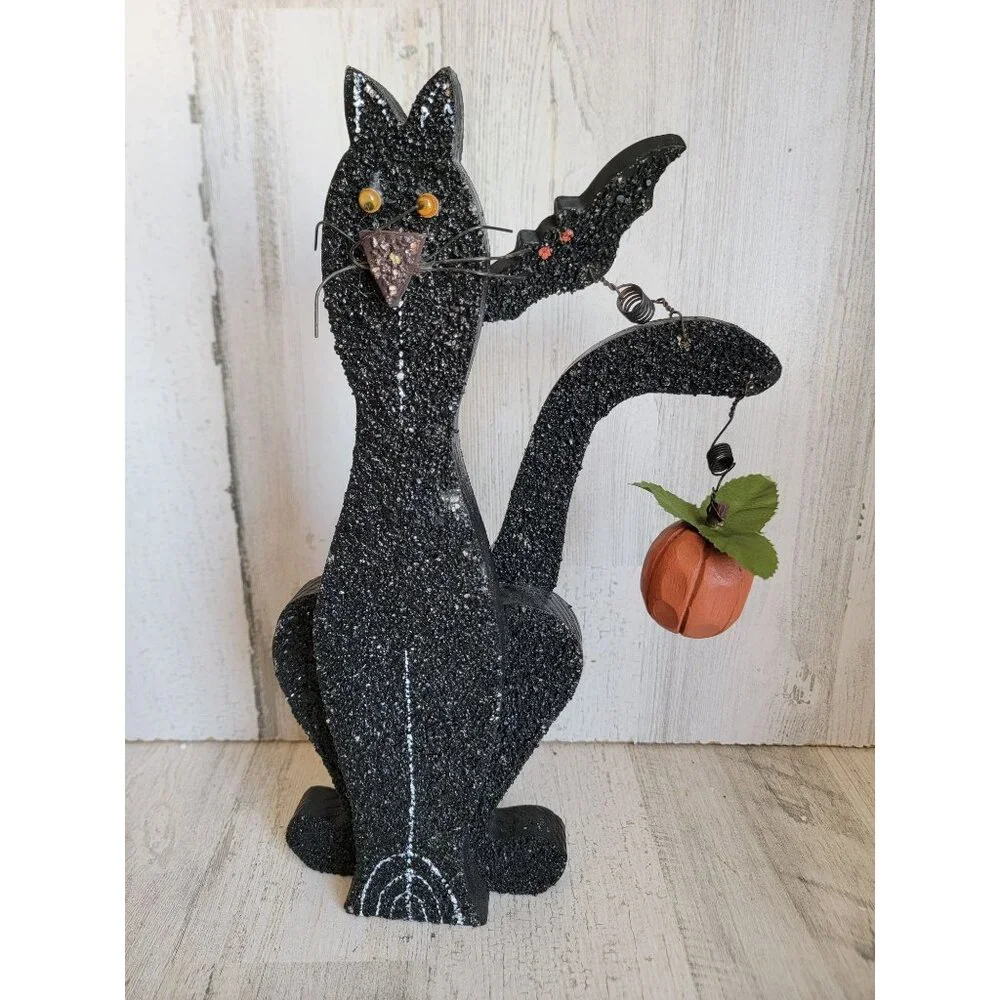 Unique wooden black cat bat Halloween home decor figure